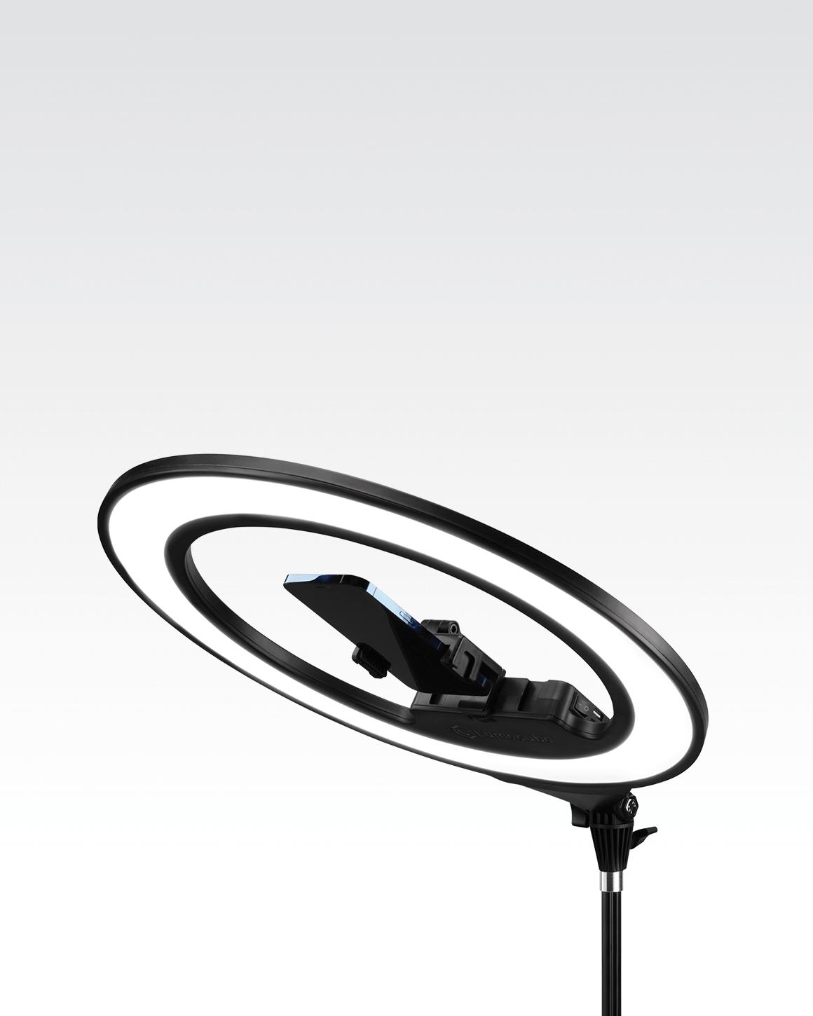 Lume Cube 17" ultrathin Cordless Ring Light Pro with a smartphone attached and head tilted down at a 45º angle.