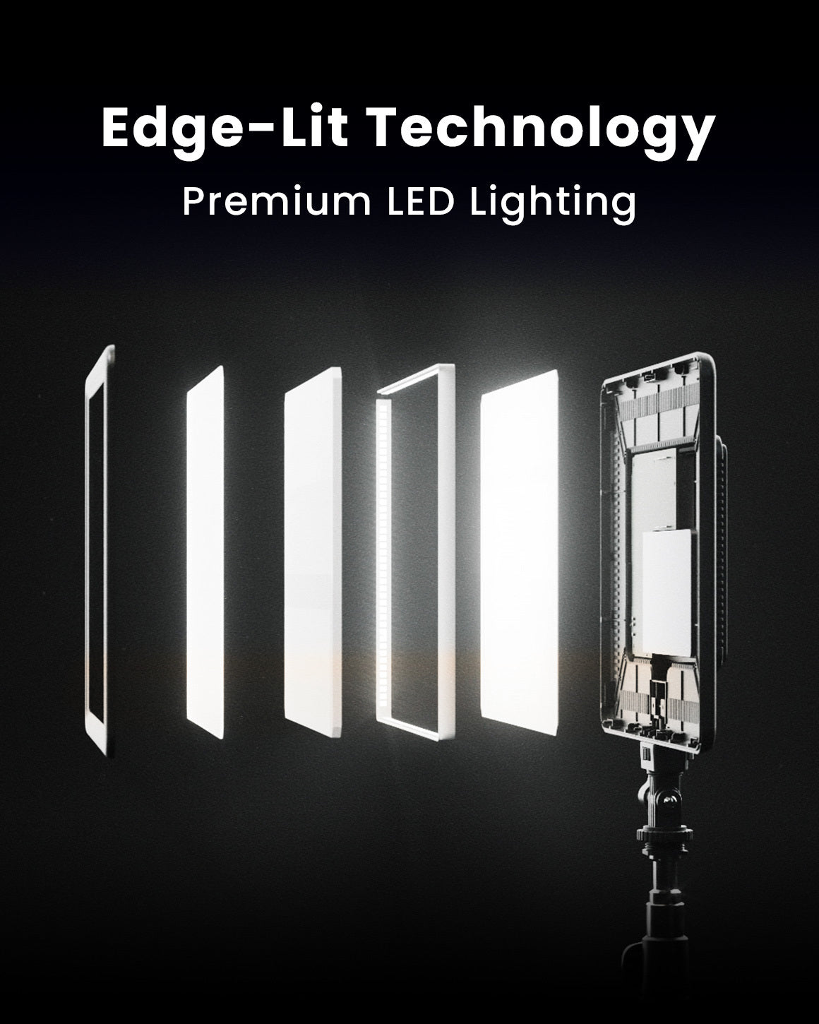 Edge-Lit Technology.  Premium LED Lighting.  Internal component layers of Lume Cube's edge-lit Studio Panel with inward-facing LEDs for gentle diffusion.
