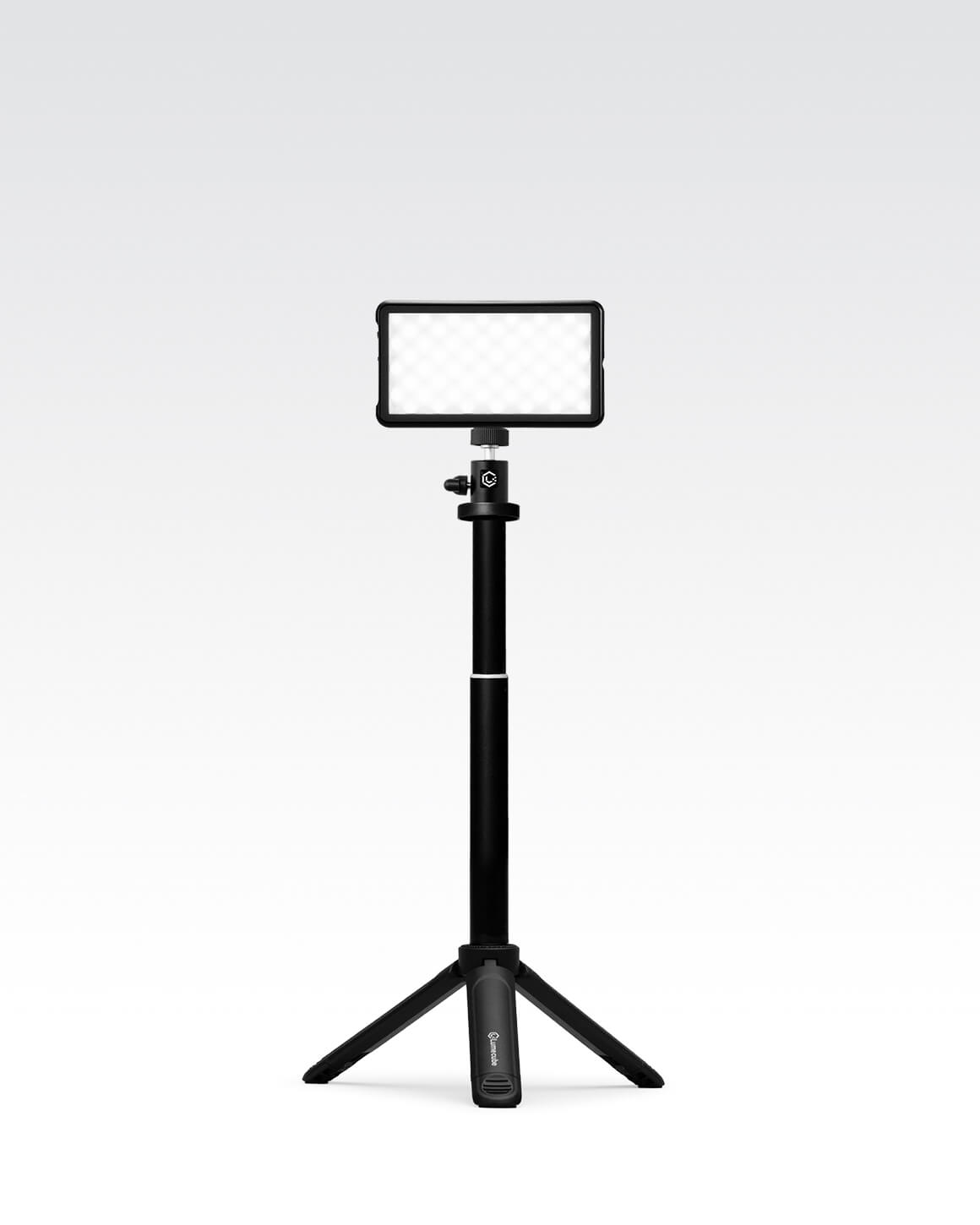 Collapsible and portable Lume Cube Broadcast Lighting Kit with black metal adjustable stand and bicolor LED Panel Go.