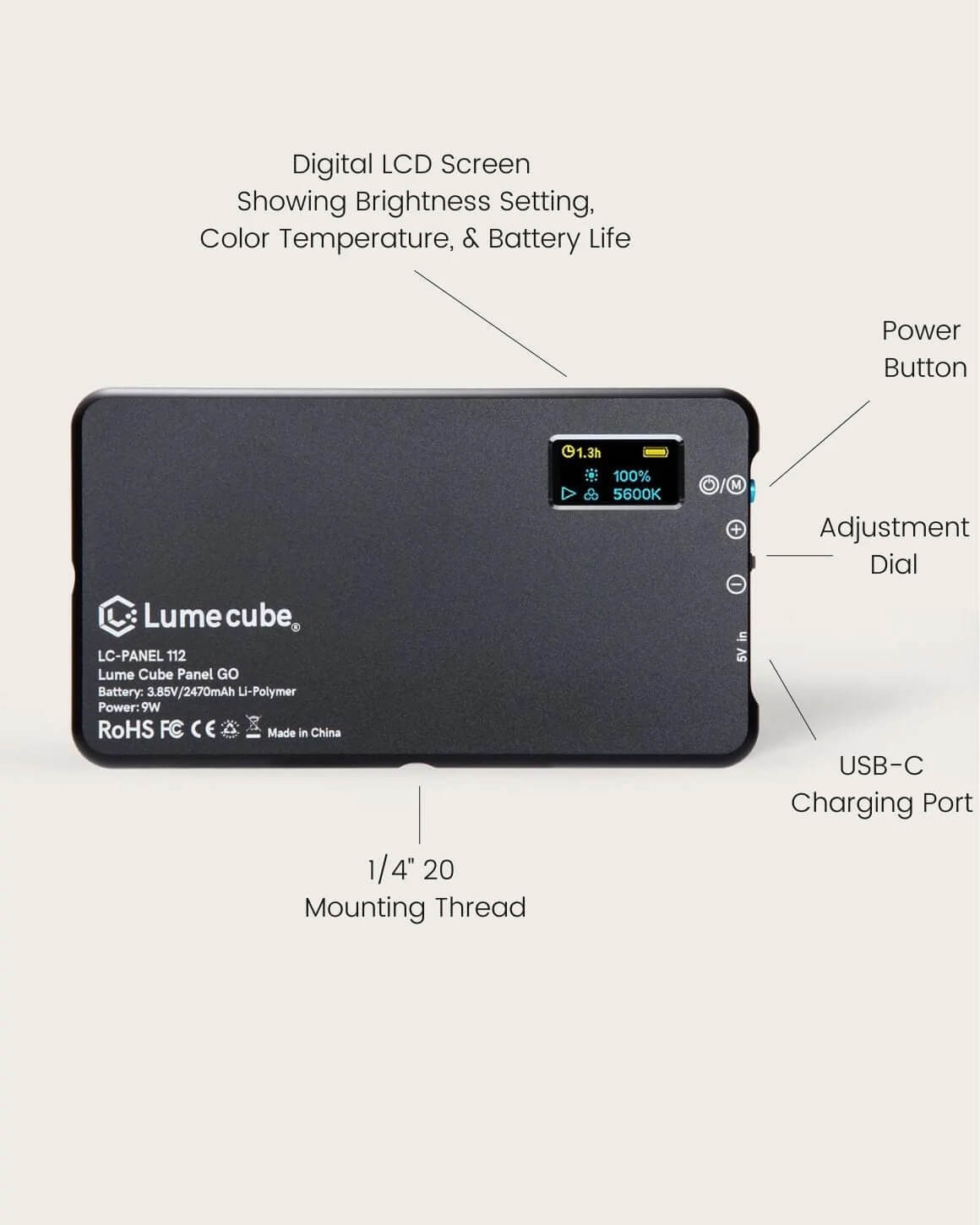 Back view of the black 4" Lume Cube Panel GO explaining all buttons and LCD screen indicators on the LED light panel.