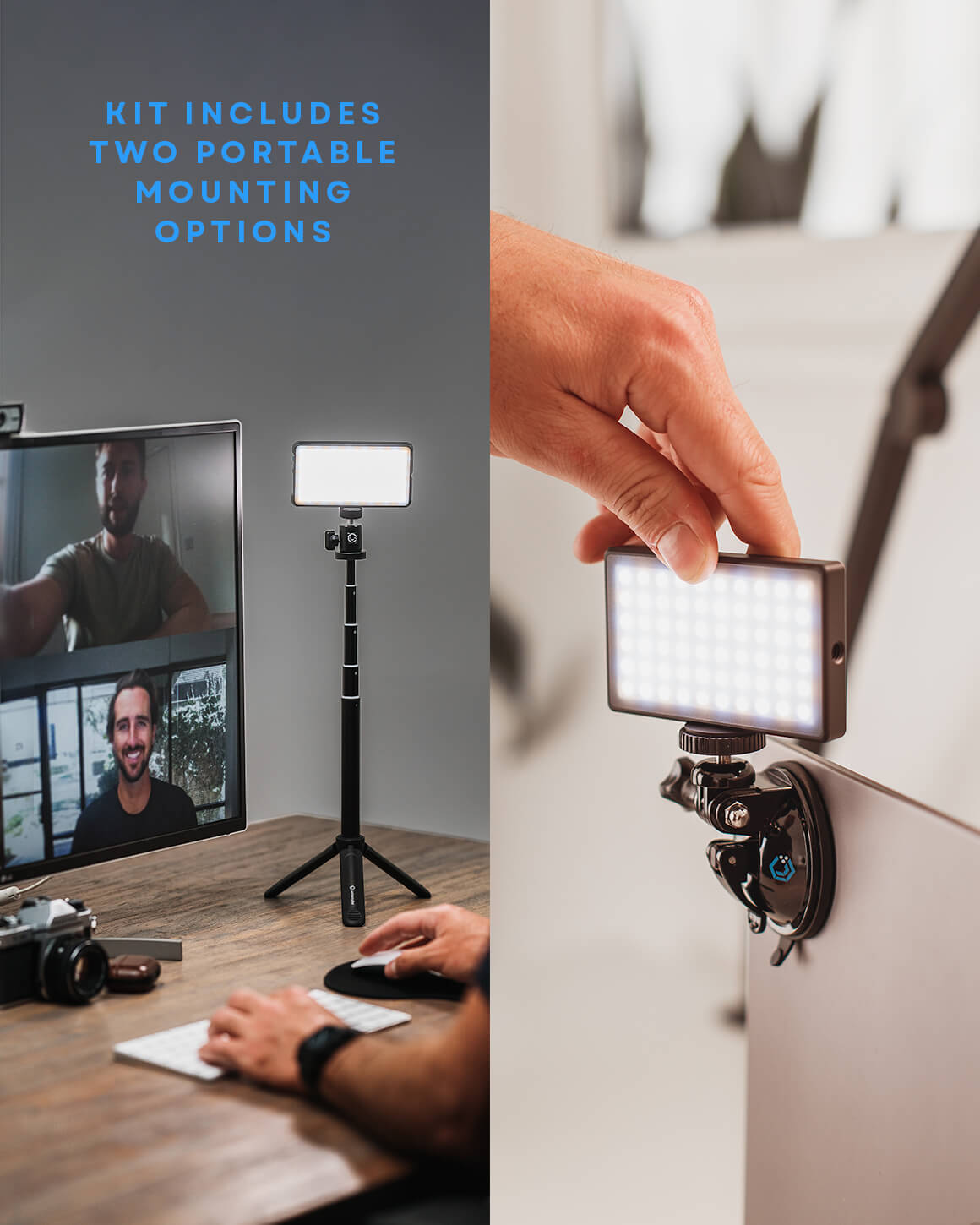 Two images showing both mounting options included in the Broadcast Lighting Kit: the stand and the suction mount for computer or tablet.