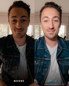 Side-by-side before/after images of man's appearance on-screen with and without lighting from Lume Cube Edge Light.