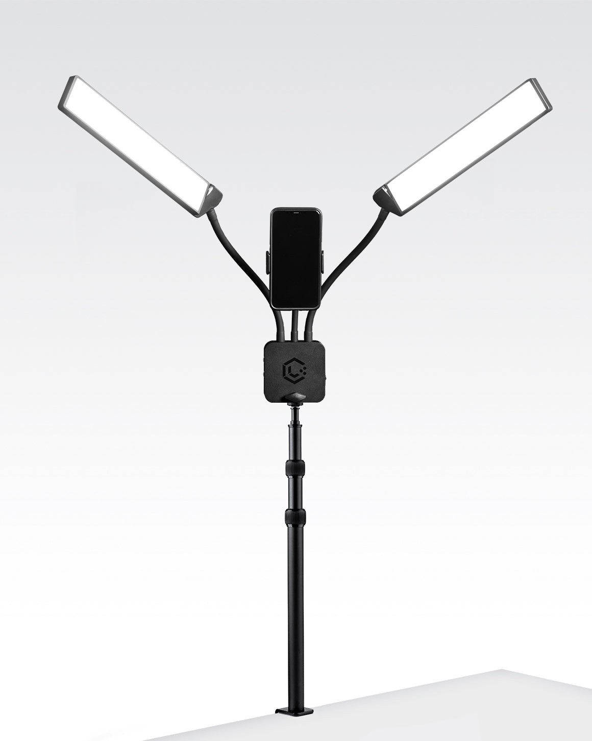 Lume Cube Flex Light attached to Desk Mounted stand