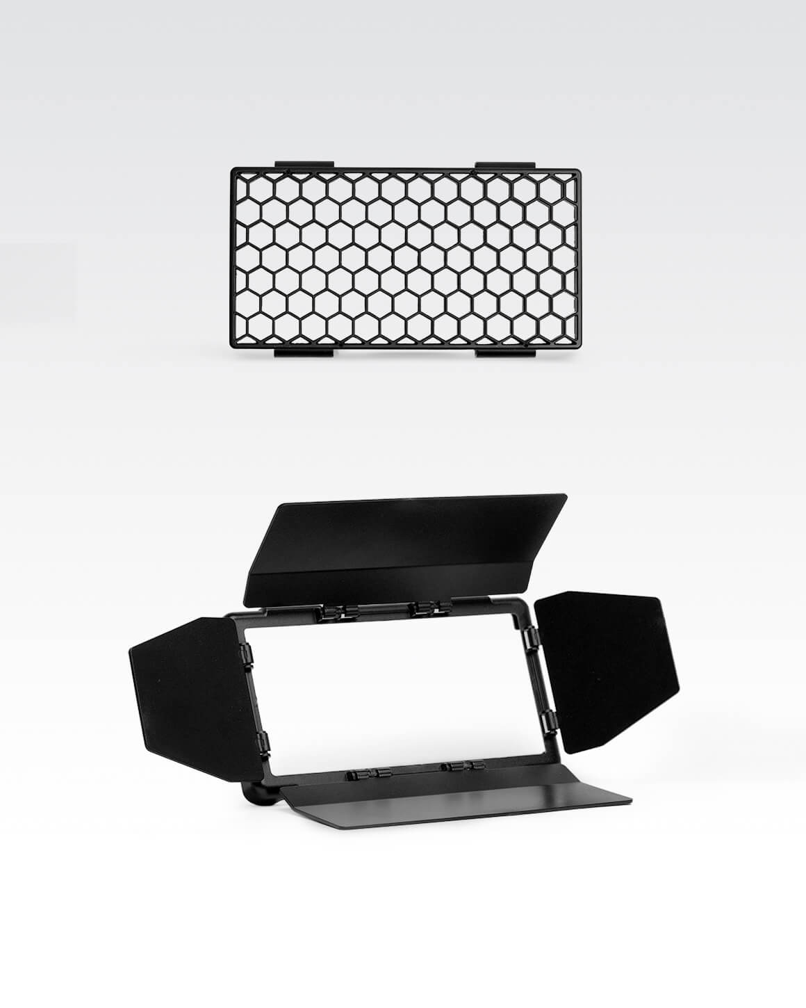 Black plastic Lume Cube RGB Panel Pro snap-on Barndoor and Honeycomb Grid Accessories.