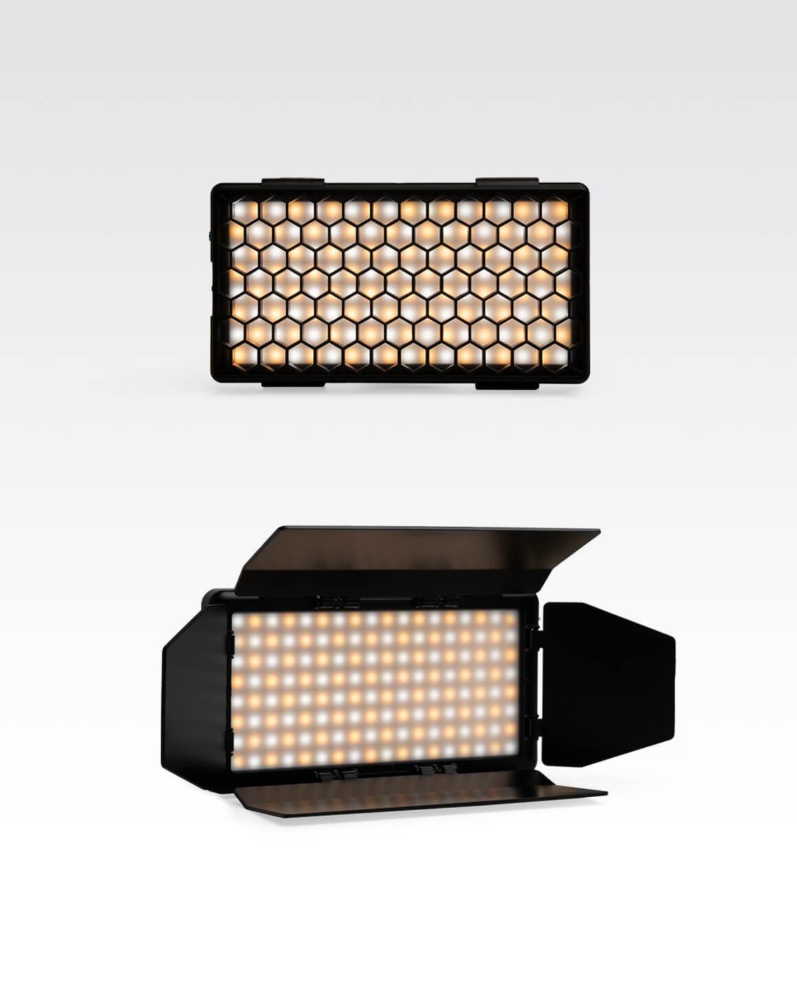 Lume Cube RGB Panel Pro Light Shaping Kit including RGB Panel Pro with Honeycomb Grid and Barn Doors accessories.