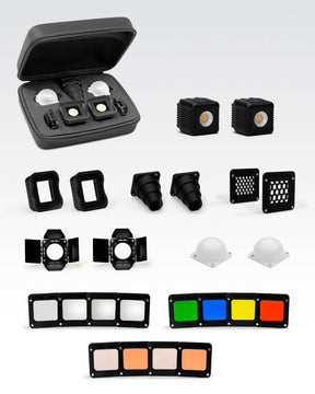 All components of Lume Cube 2.0 Pro Lighting Kit including 2 LEDs, Modification Frames, Snoots, Honeycomb Grids, Barn Doors, Diffusion Bulbs, and overlays.