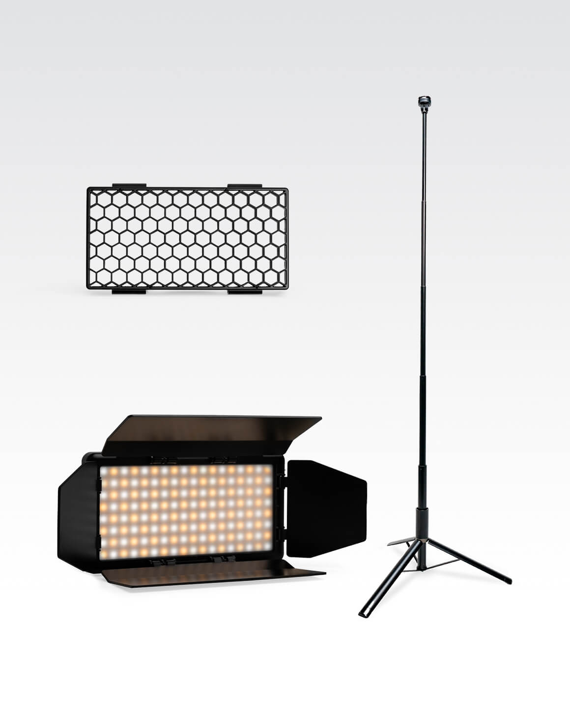 Lume Cube RGB Panel Pro Lighting Kit including RGB Panel Pro with 5-Foot Adjustable Light Stand, Honeycomb Grid and Barn Doors accessories.