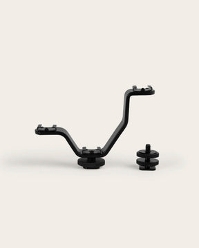 Black Metal V-shaped Triple Shoe Mount for Multiple Lights & Microphones.