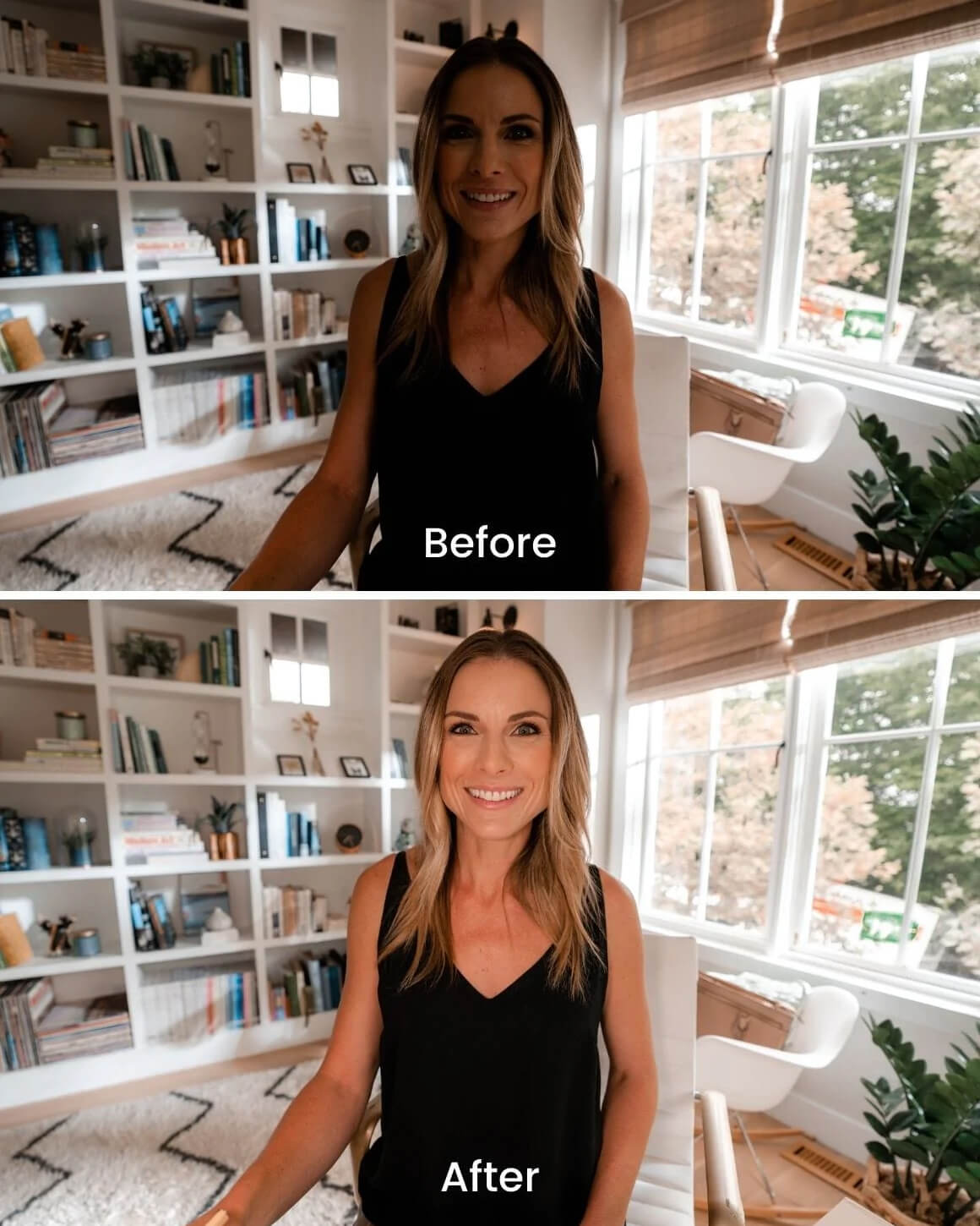 Stacked comparison of woman's appearance with and without lighting from Lume Cube's Video Conference Lighting Kit.