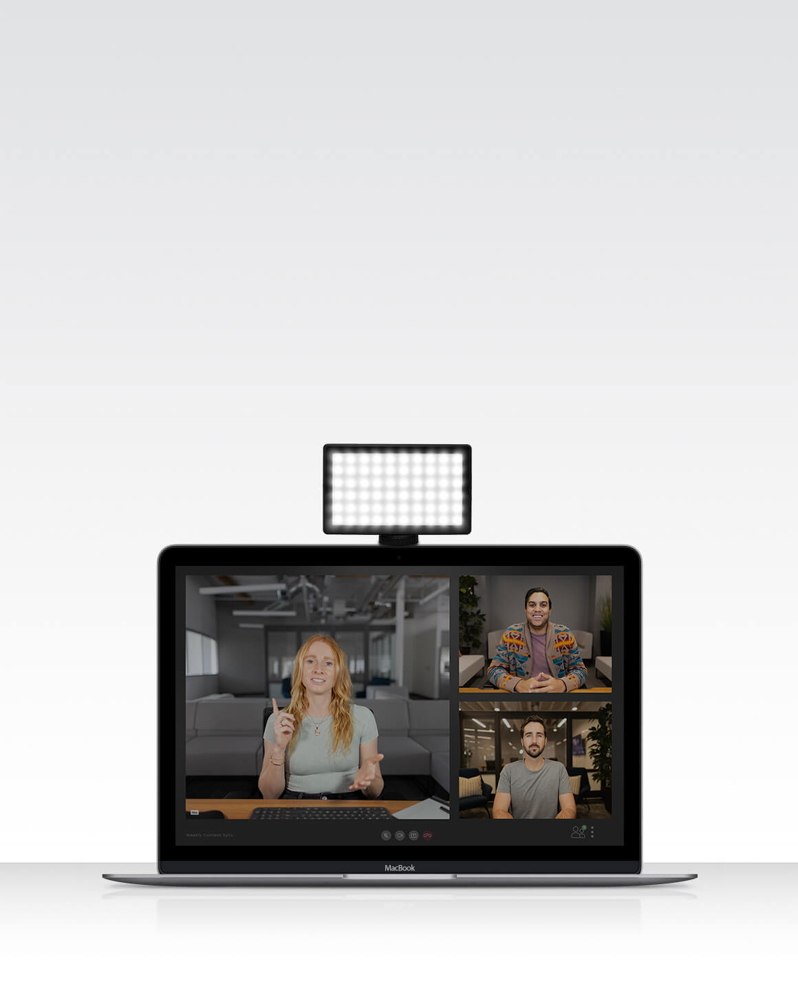 Lume Cube Video Conference Lighting Kit, which includes the Panel Mini LED and the Suction Cup Mount, mounted on a laptop.
